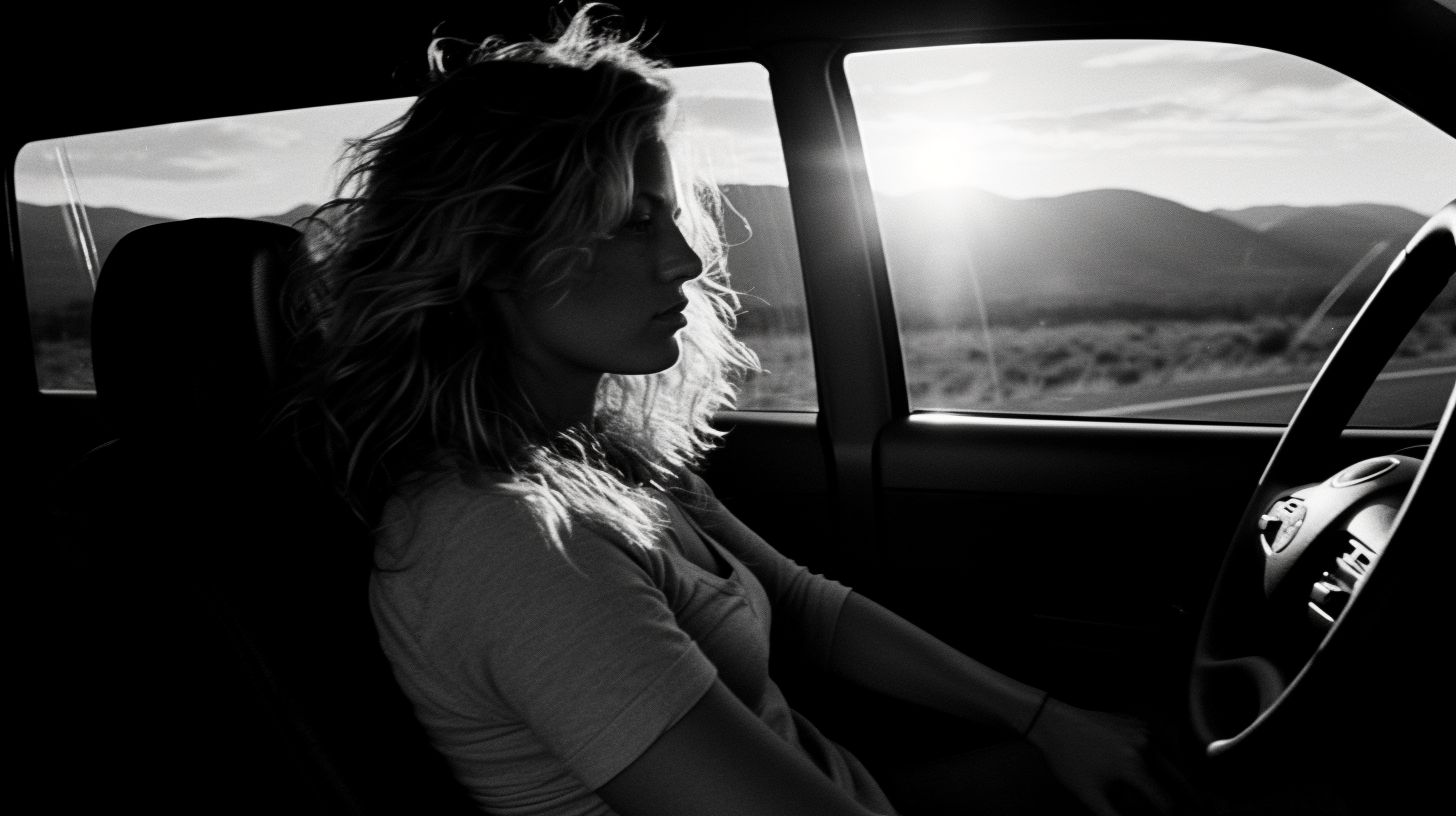 a woman driving a car on a road with mountains in the background