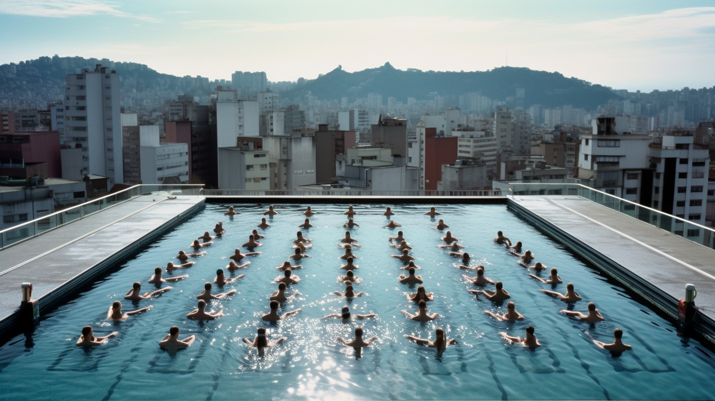 a group of people swimming in a large pool