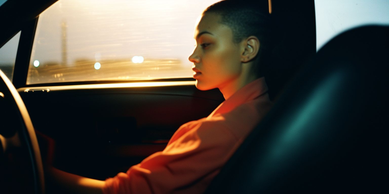 a person sitting in a car with a steering wheel