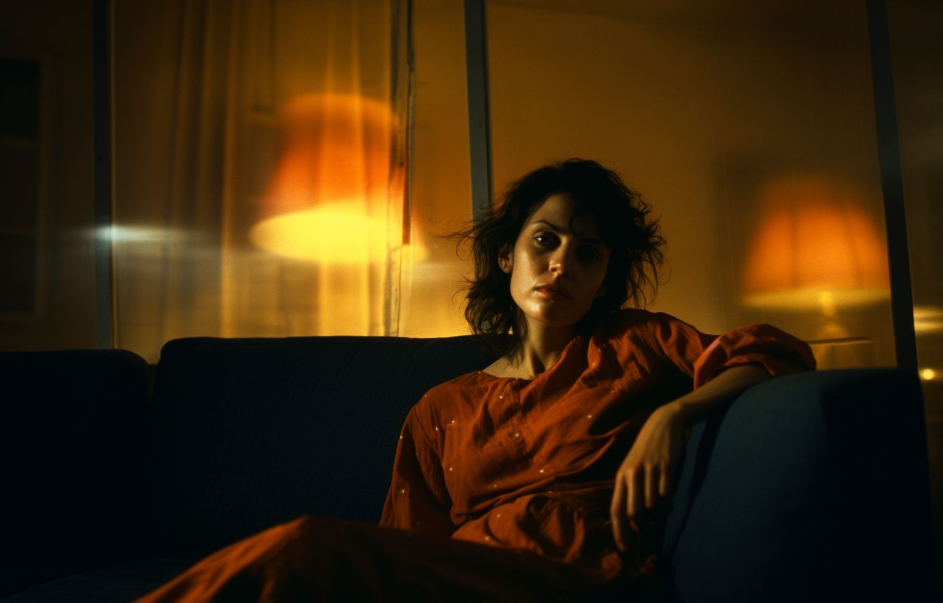 a woman sitting on a couch in a dimly lit room