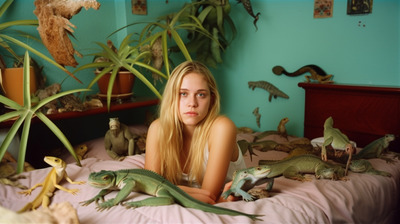 a woman laying on a bed surrounded by fake lizards