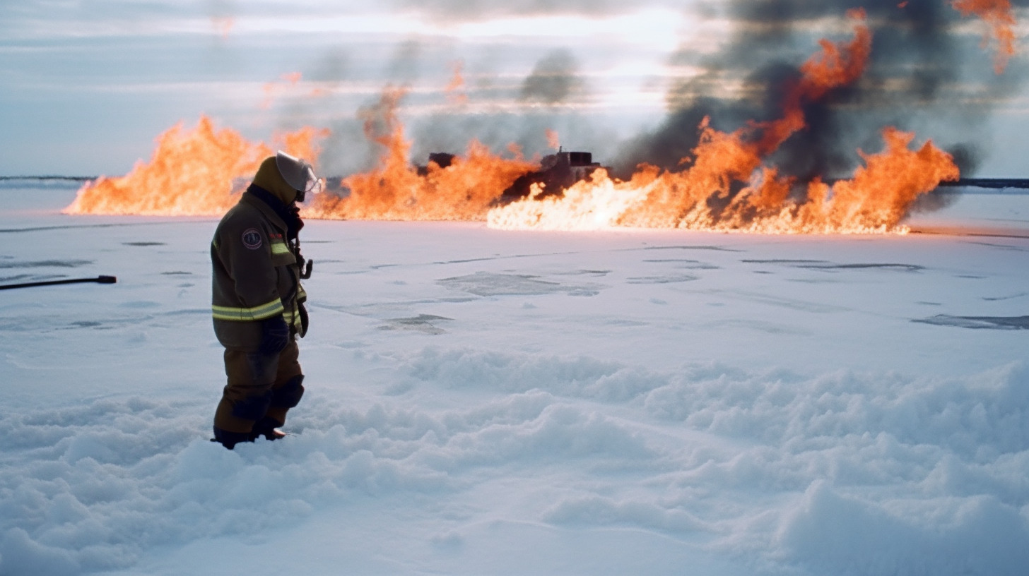 a firefighter standing in front of a large fire