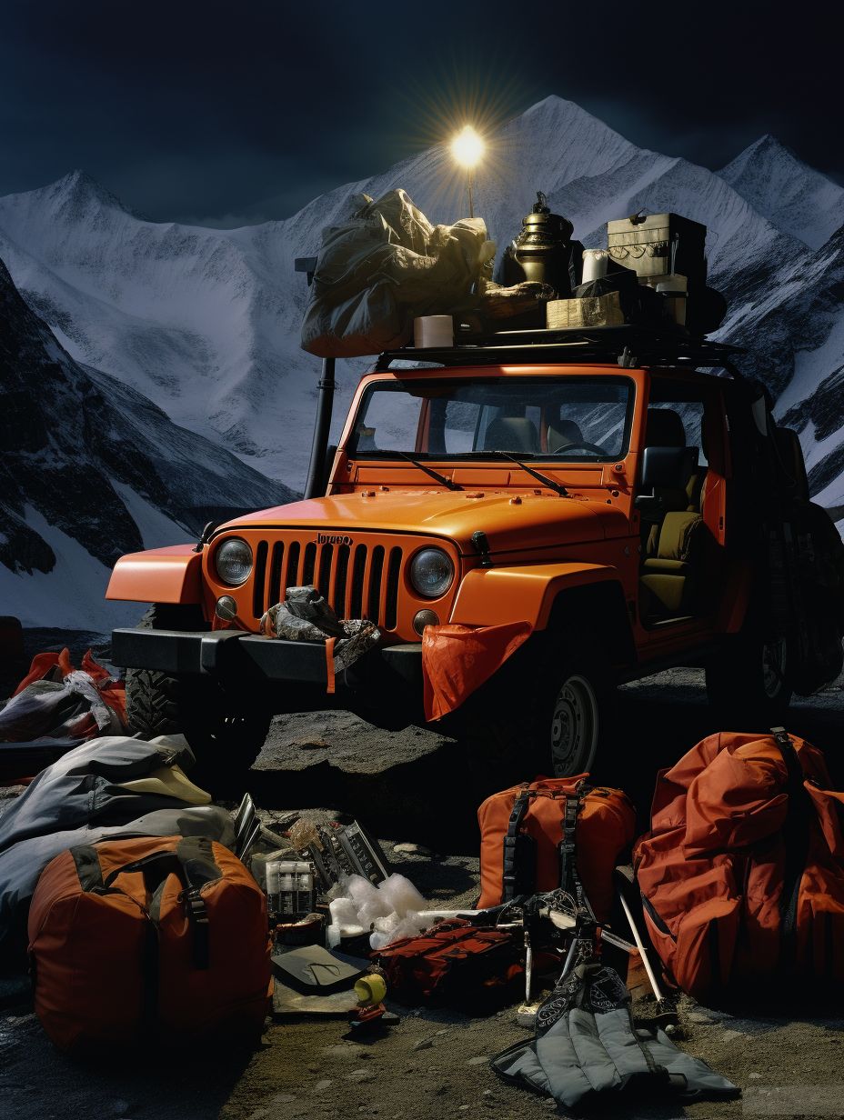 an orange jeep with luggage on top of it