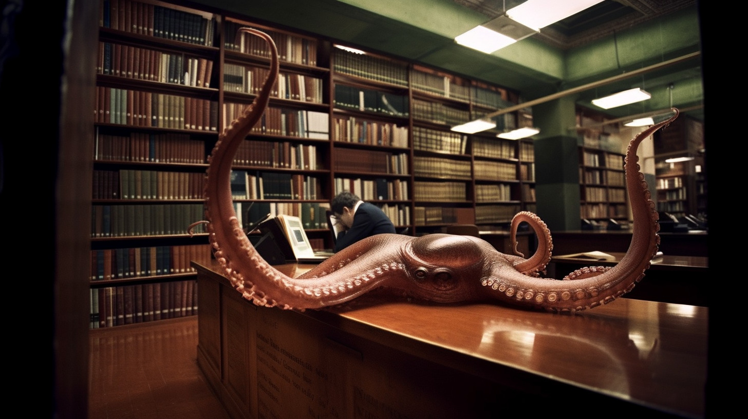 an octopus sculpture on a desk in a library