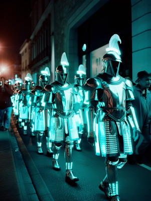 a group of people dressed as knights walking down a street