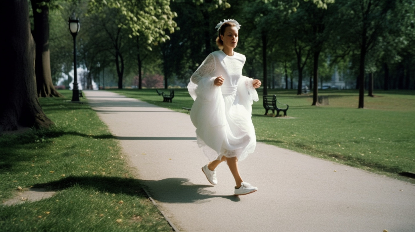 a woman in a white dress running down a sidewalk