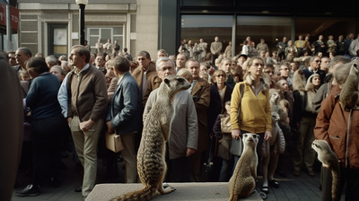 a crowd of people watching a meerkat on a pedestal