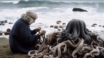 a woman sitting on a beach next to a pile of seaweed