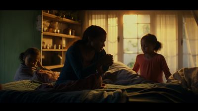 a woman sitting on a bed next to a little girl