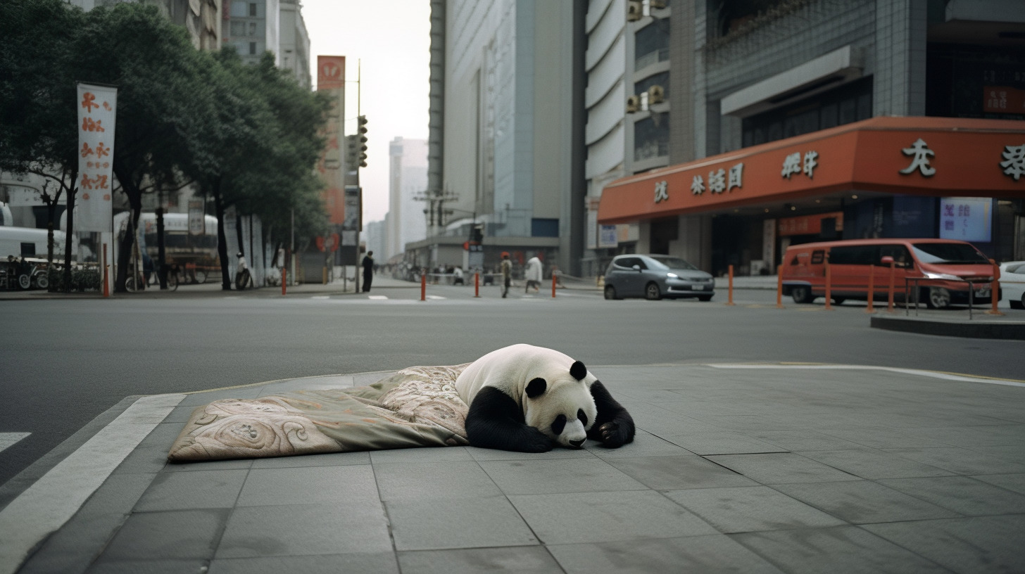 a panda bear laying on the ground in the middle of the street