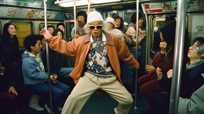 a group of people riding on a subway train