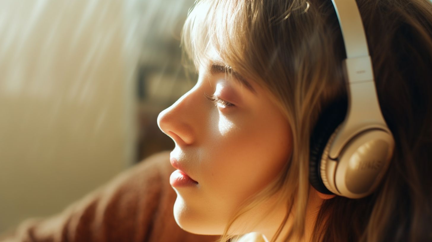 a woman with headphones on looking off into the distance