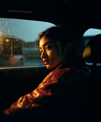 a woman sitting in a car looking out the window