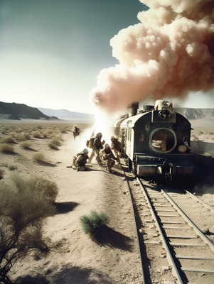 a train traveling through a desert covered in smoke