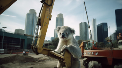 a koala sitting on top of a construction truck