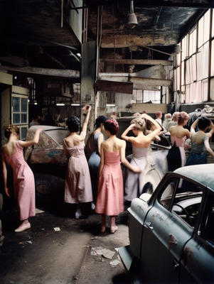 a group of women standing around a car in a garage