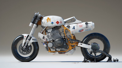 a white and orange motorcycle on a white surface