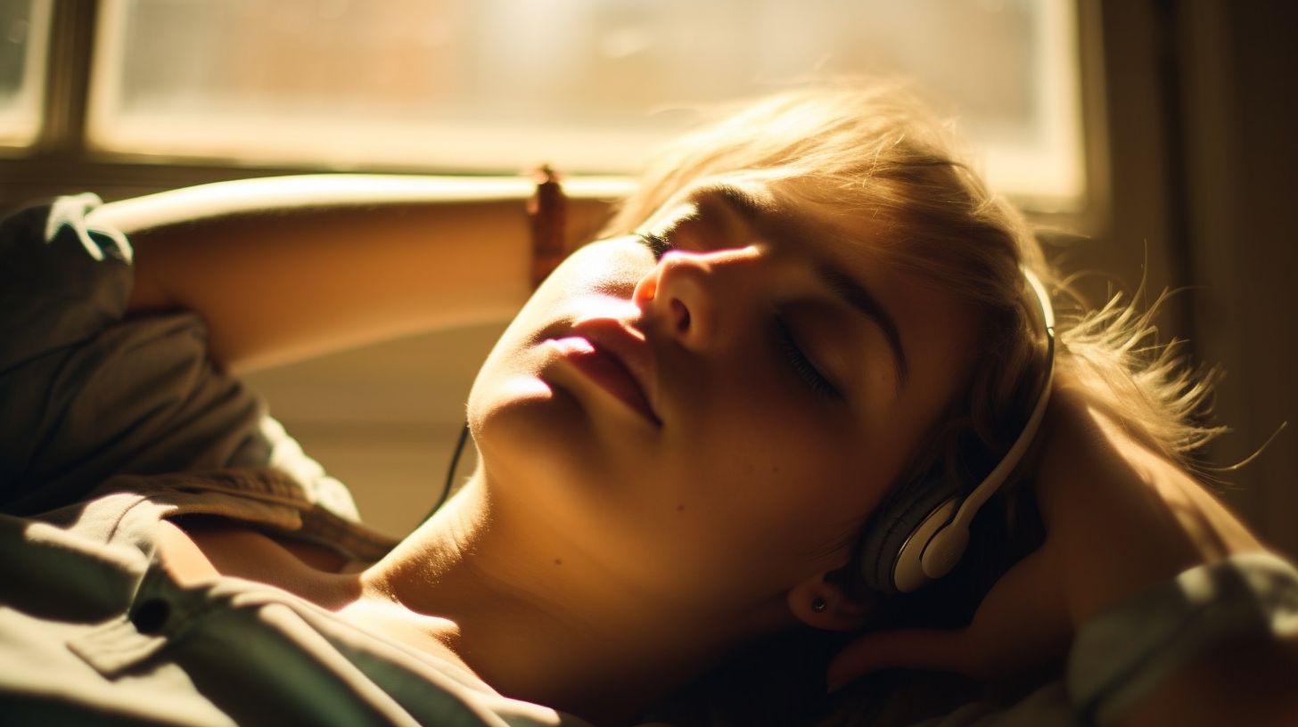 a woman laying in bed with headphones on her ears