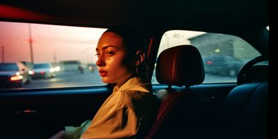 a woman sitting in the passenger seat of a car