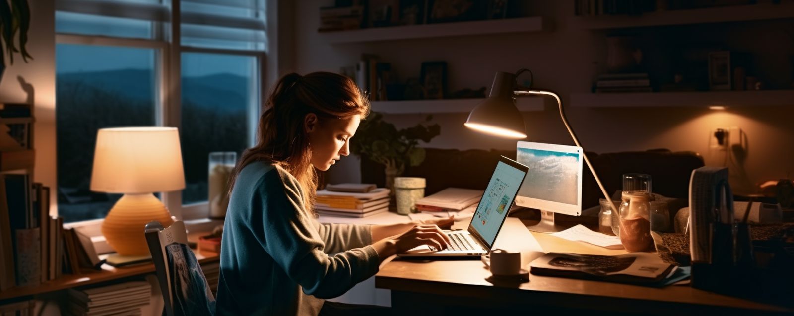 a woman sitting at a desk working on a computer