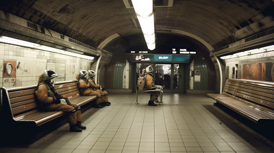 a group of people in costumes sitting on benches in a subway