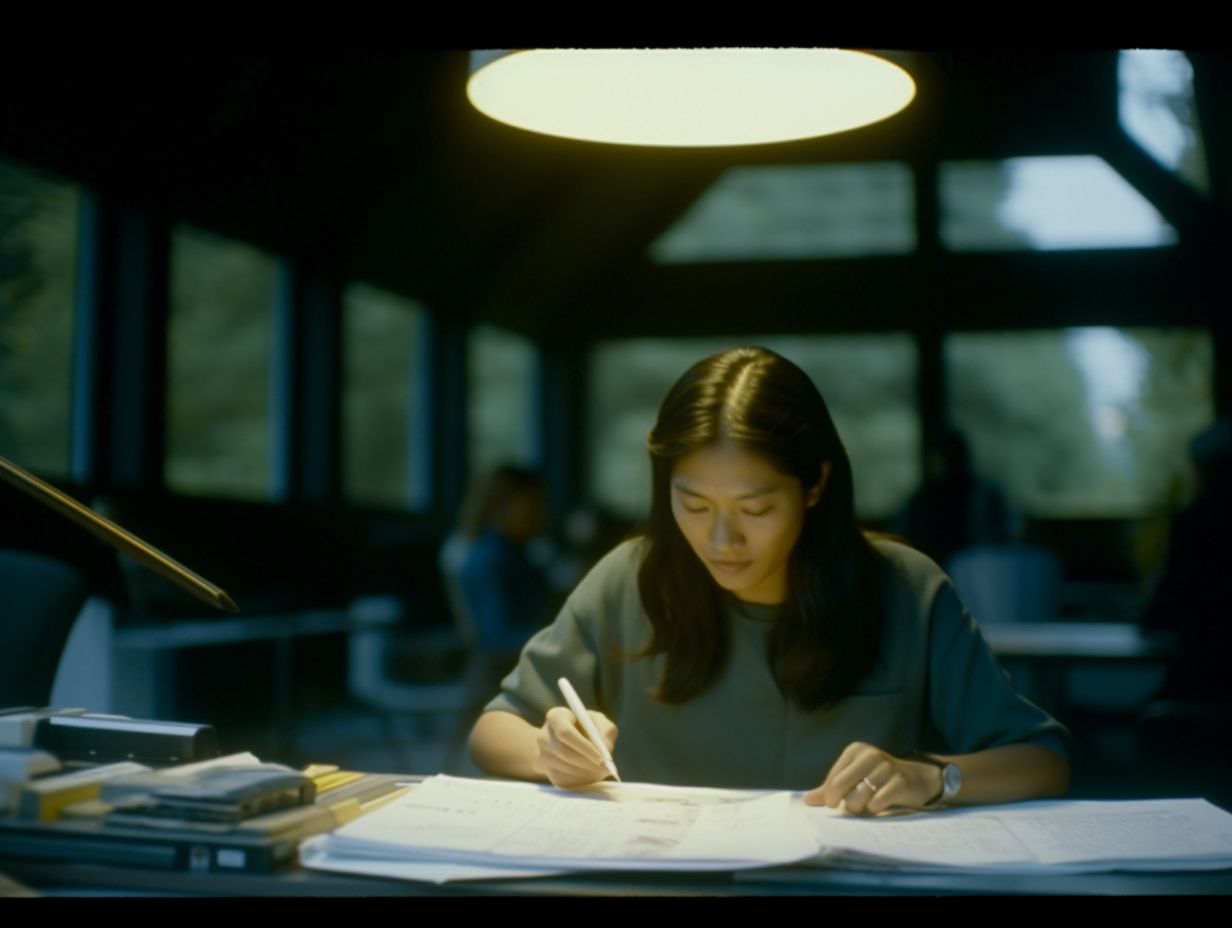 a woman sitting at a desk writing on a piece of paper