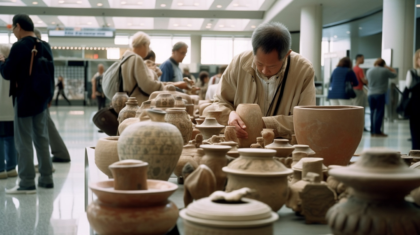 a group of people standing around a table filled with vases