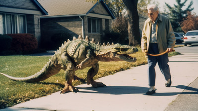 a man is walking a toy dinosaur on a sidewalk