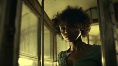 a woman with curly hair standing in a train car