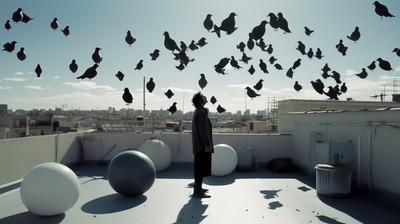 a person standing on a roof with a lot of birds flying above