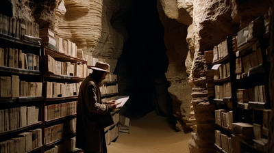 a man in a hat standing in a room filled with books