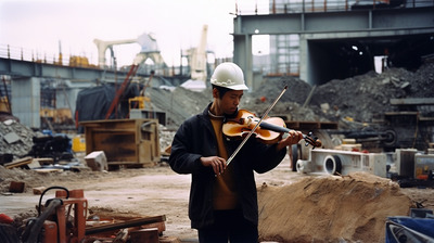 a man in a hard hat playing a violin