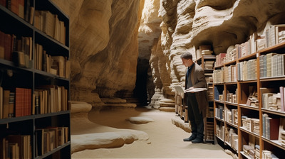 a man standing in front of a book shelf filled with books