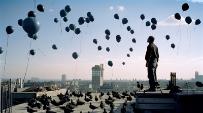 a man standing on top of a roof surrounded by balloons