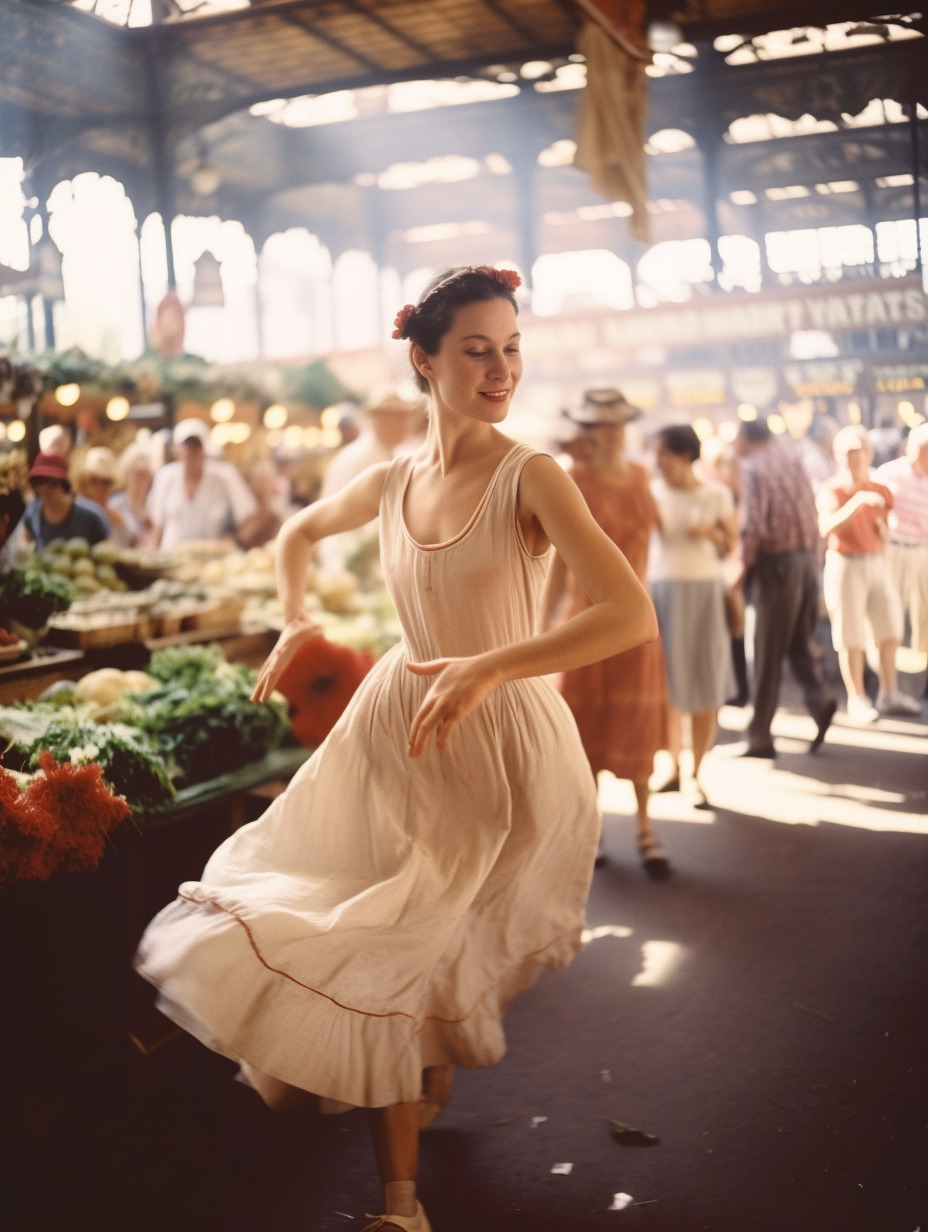 a woman in a white dress walking through a market