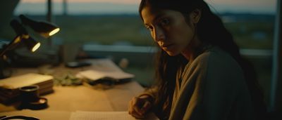 a woman sitting at a desk in front of a lamp