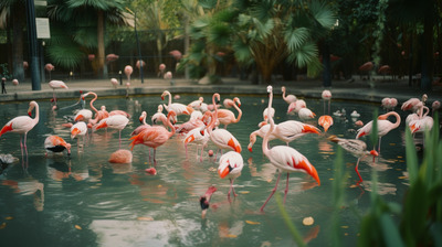 a flock of flamingos standing in a pond of water