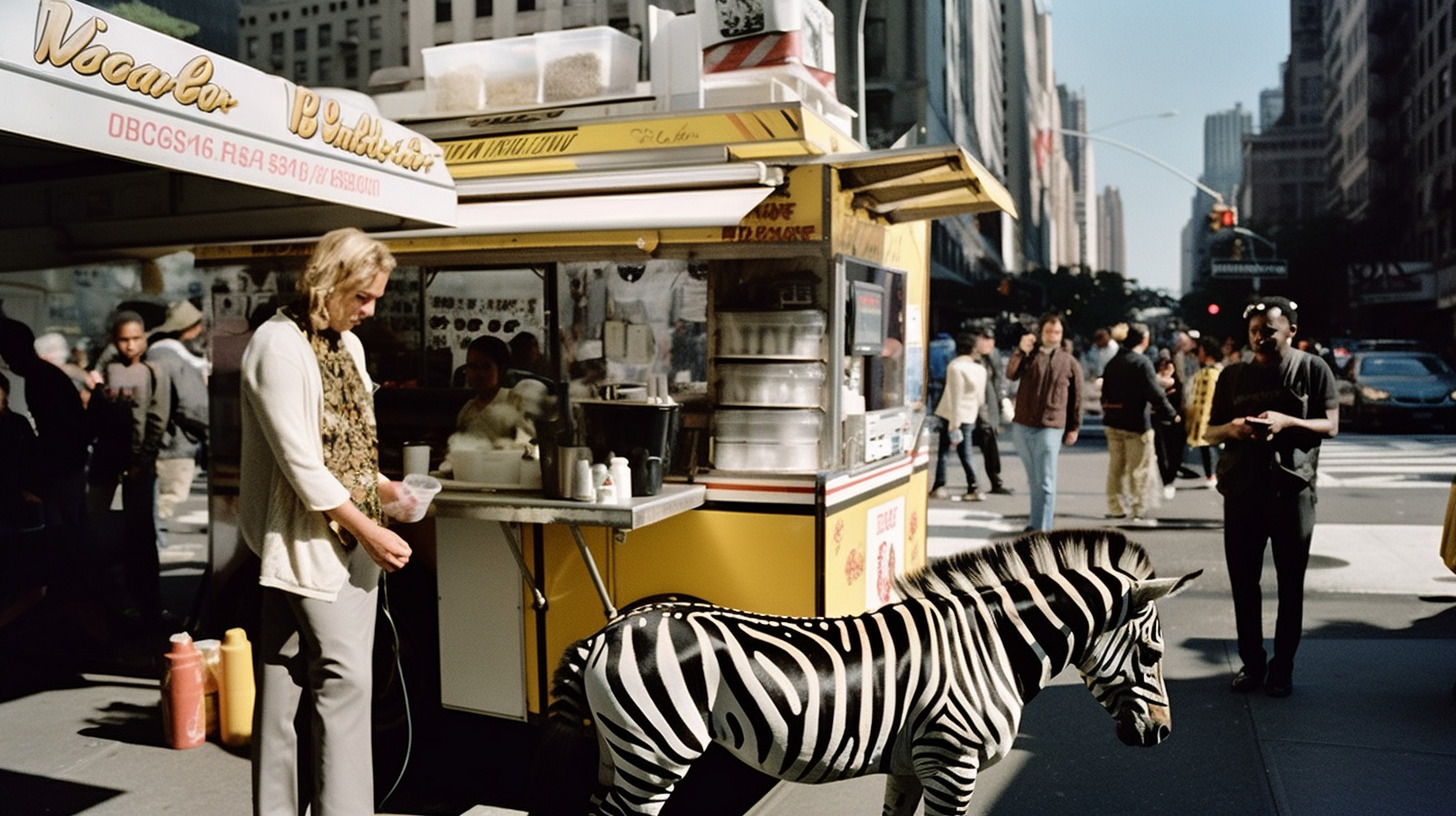 a zebra standing in front of a food cart