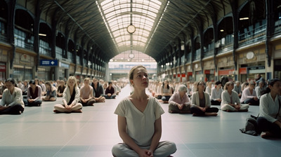 a group of people sitting on the floor in a building