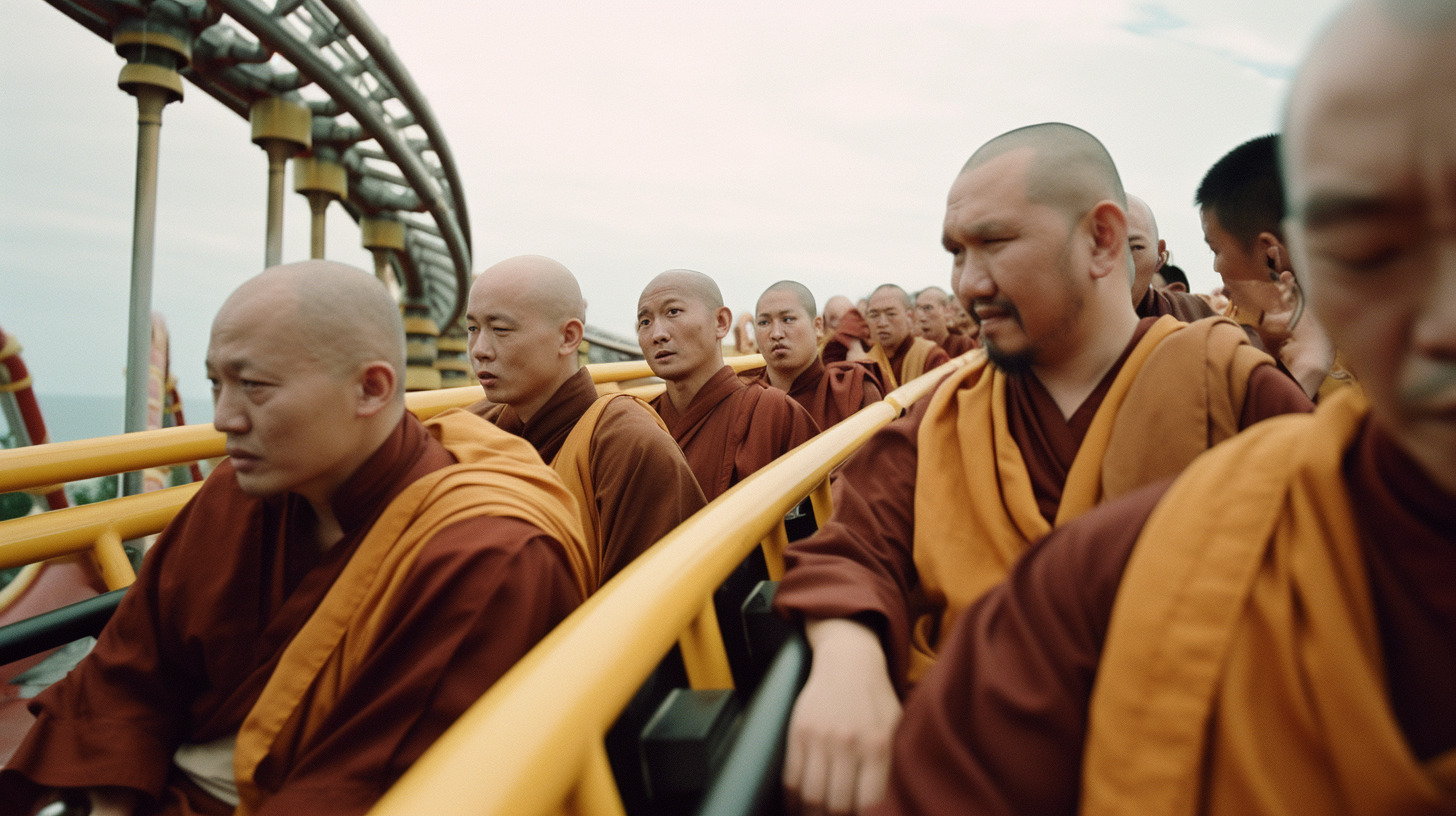 a group of monks sitting on a roller coaster