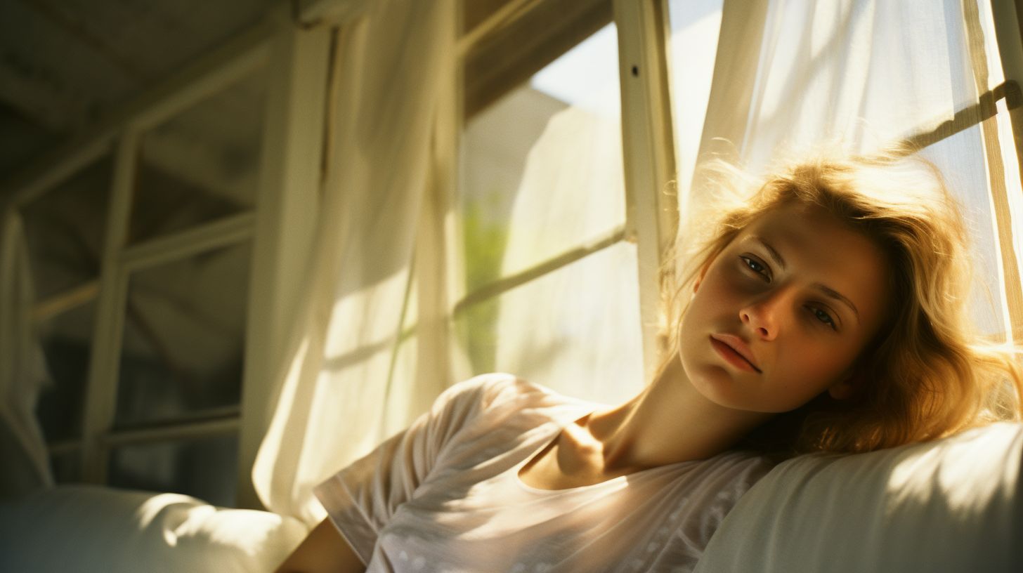 a woman sitting on a couch looking out of a window