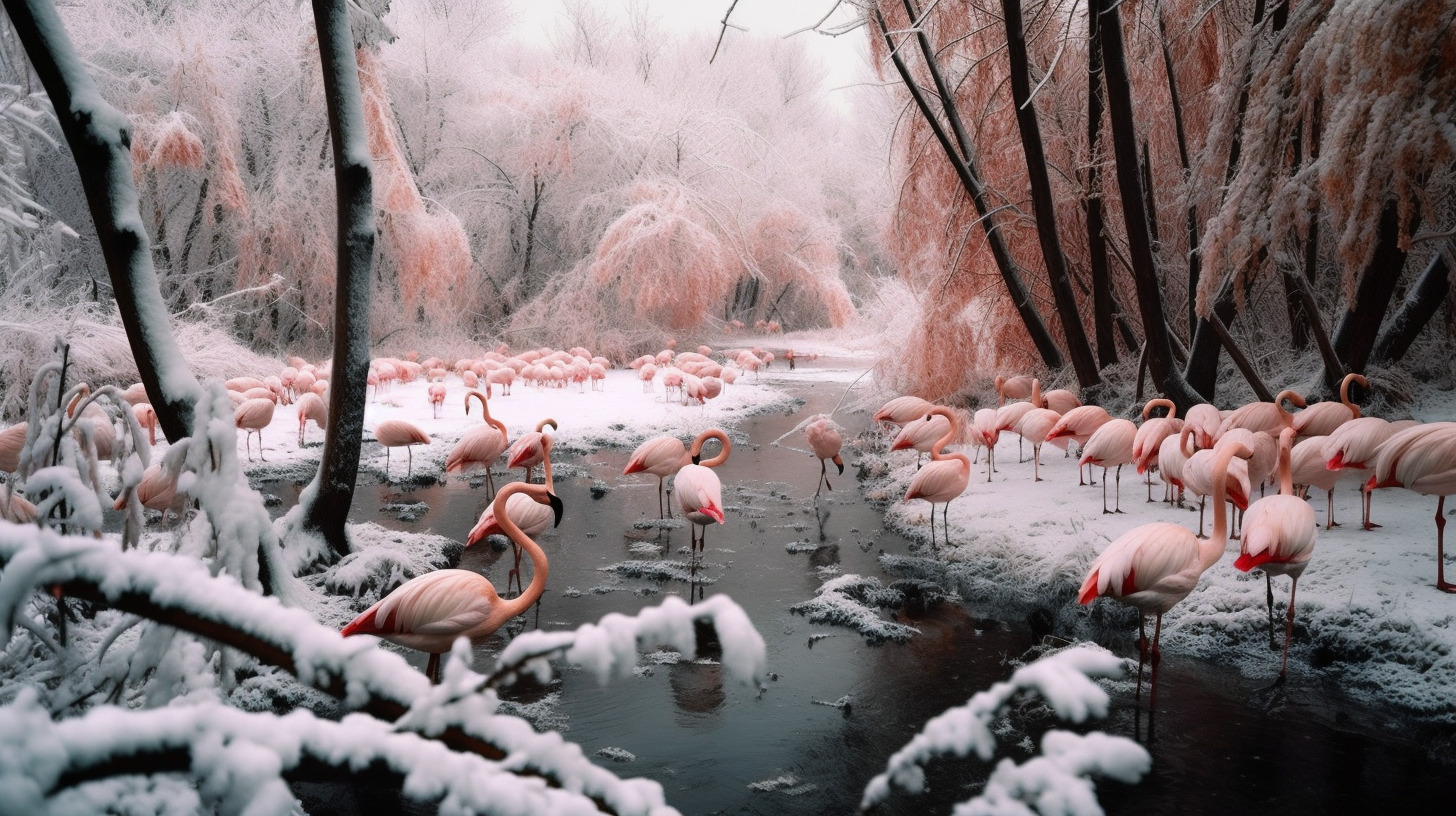 a group of flamingos standing around in the snow