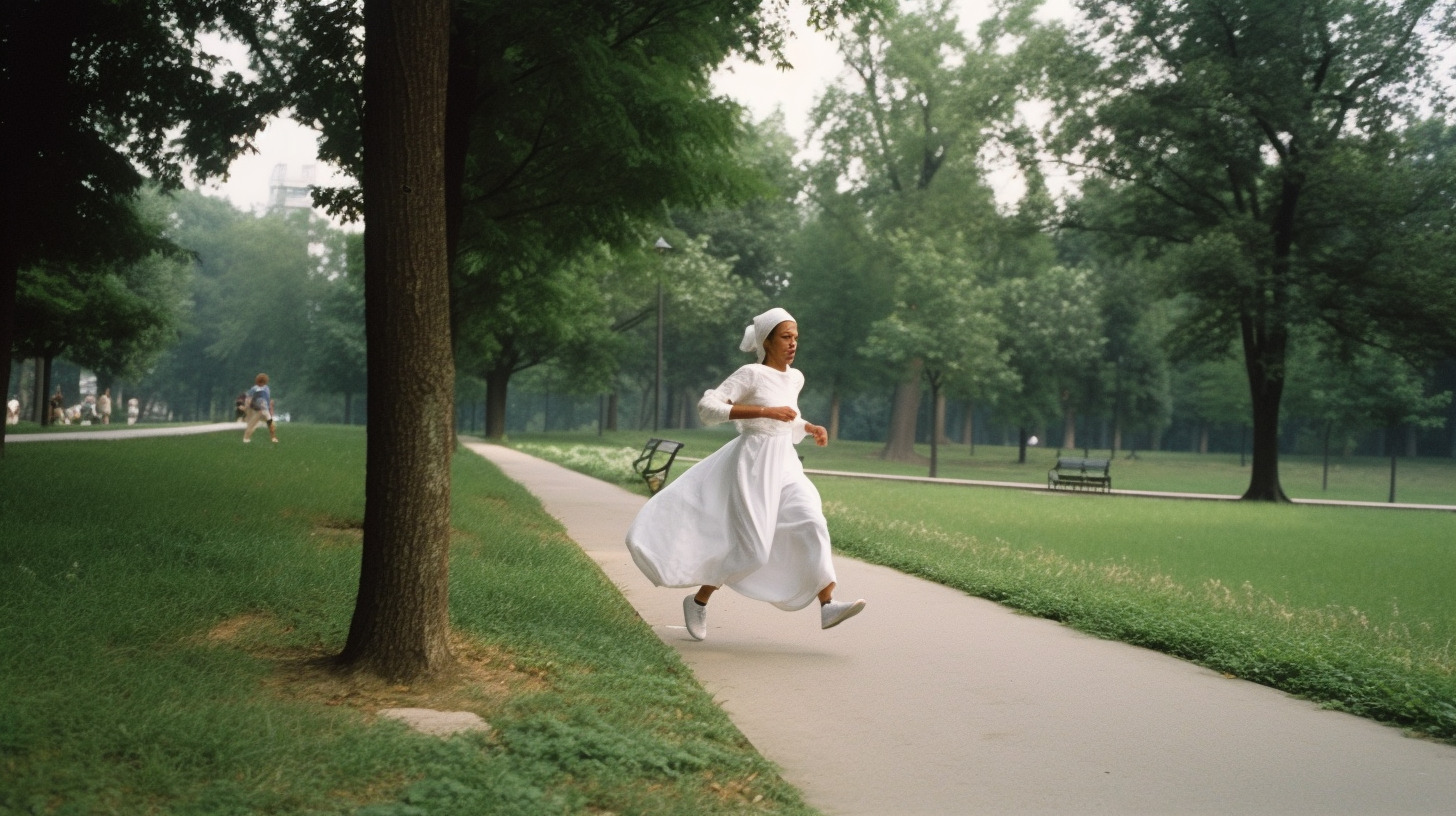 a woman in a white dress running down a sidewalk