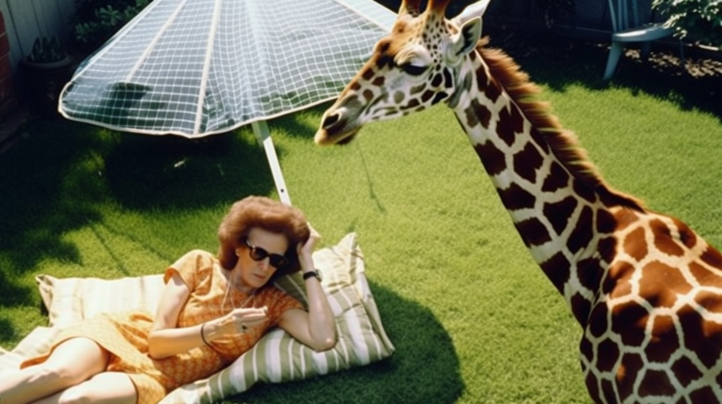 a woman laying on a blanket next to a giraffe