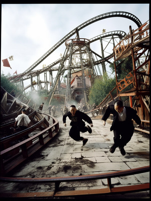 a group of men running across a street next to a roller coaster