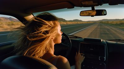 a woman driving a car down a desert road