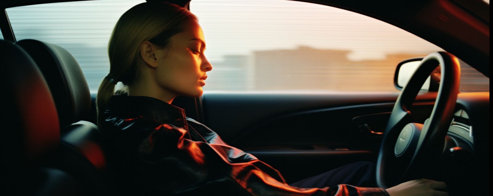 a woman sitting in a car with her hand on the steering wheel