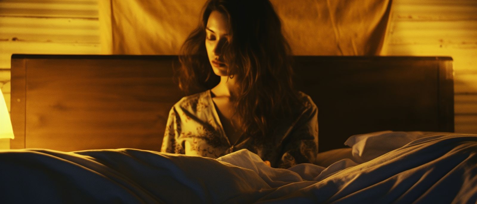 a woman sitting on a bed in a dimly lit room