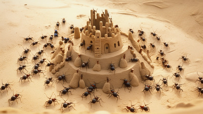 a sand castle made out of sand with many bugs around it