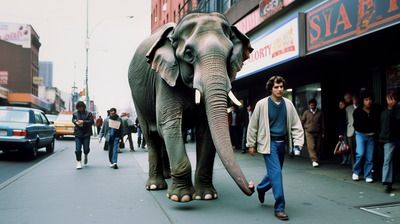 a man walking an elephant down a city street